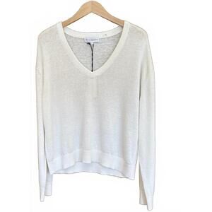 NEW WHITE + WARREN women's rib trim v-neck sweater in white